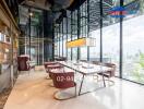 Modern dining room with large windows and city view