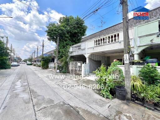 Street view of a residential area with houses and greenery