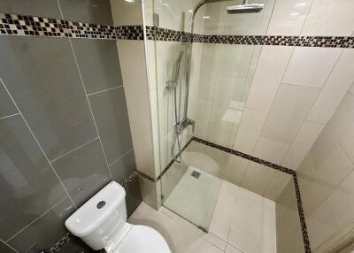 Modern bathroom with tiled shower and toilet