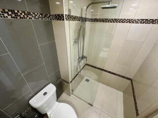 Modern bathroom with tiled shower and toilet