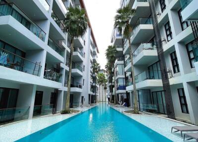 Modern apartment complex with outdoor pool