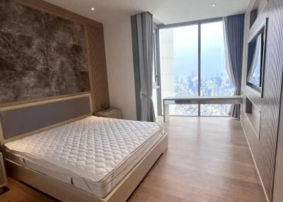 Modern bedroom with large window and city view