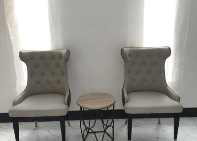 Two elegant chairs with a small table between them in a bright living area