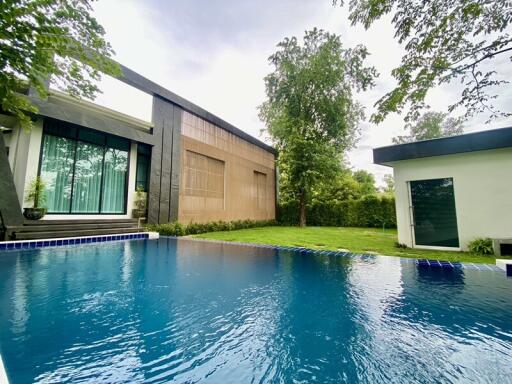 Modern residential backyard with a swimming pool