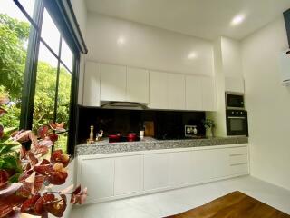 Modern kitchen with white cabinets and large window