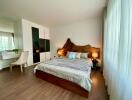 Bedroom with modern decor and wooden accents