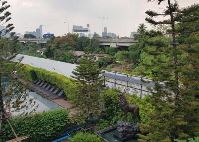 Outdoor view with trees and pool