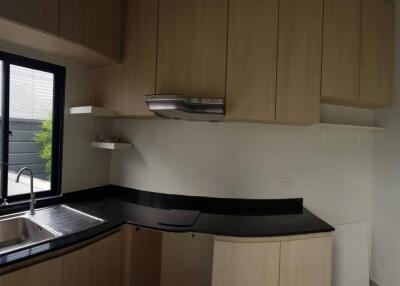 Modern kitchen with wooden cabinets and black countertop