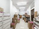 A storage room filled with boxes and shelves.