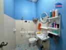 Bathroom with sink, shower, and shelves