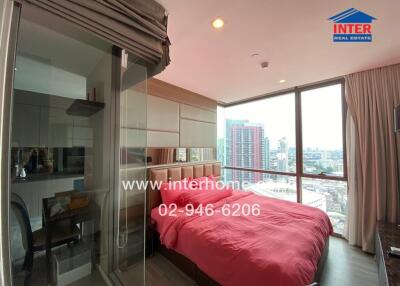 Modern bedroom with large window and city view