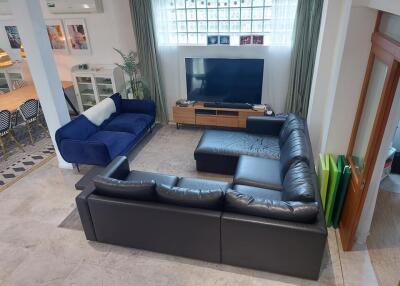 Modern living room with sofas and entertainment setup