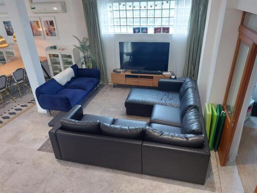 Modern living room with sofas and entertainment setup