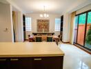 Well-lit dining room with large table and chairs near windows