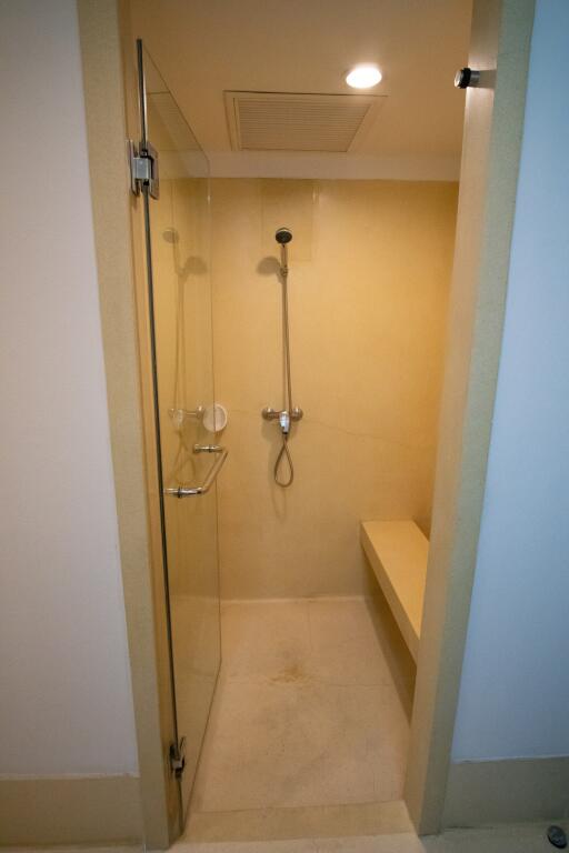 Shower area with glass door, bench seat, and shower head