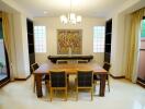 Modern dining room with wooden table and chairs, decorative artwork on the wall