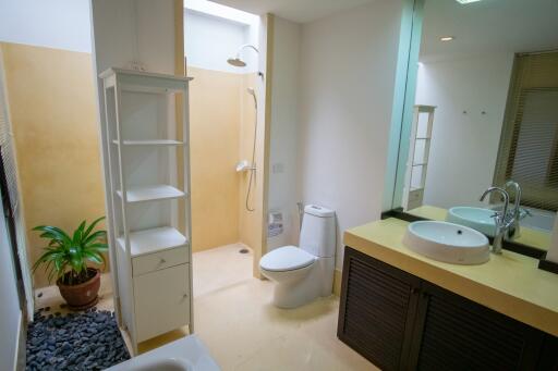 Modern bathroom with shower, toilet, sink, and storage