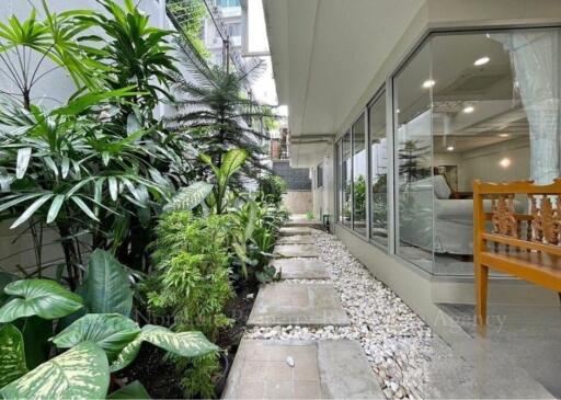 Outdoor walkway with greenery and glass windows