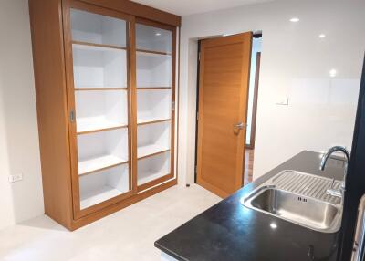 Modern kitchen with built-in cabinets and stainless steel sink