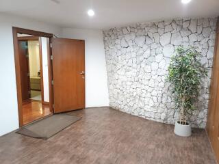 Entrance with stone wall and potted plant