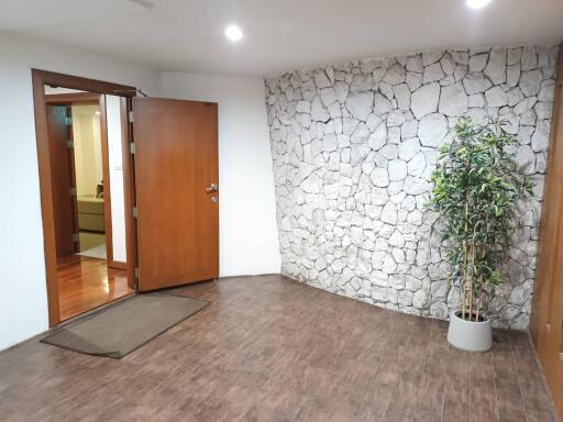 Entrance with stone wall and potted plant