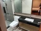 Modern bathroom with glass shower, sink, toilet, and large mirror