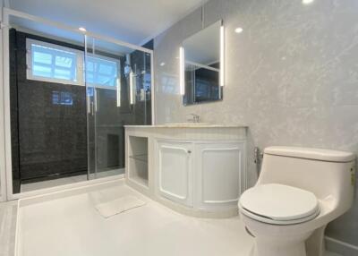 Modern bathroom with glass shower and vanity