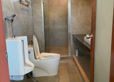 Modern bathroom with shower, toilet, urinal, and sink