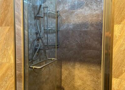 Modern shower with glass door and rain shower head