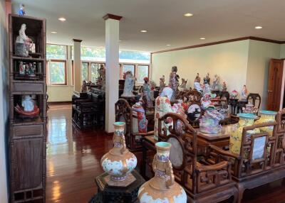 Living room with decorative ceramic items and wooden furniture