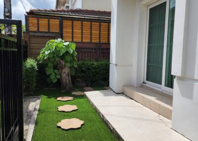 Front yard with stepping stones and small tree