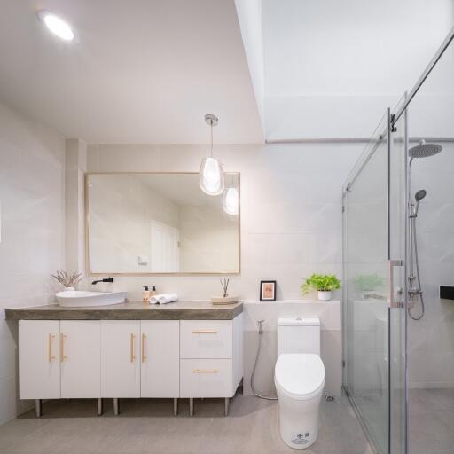 Modern bathroom with glass shower and vanity