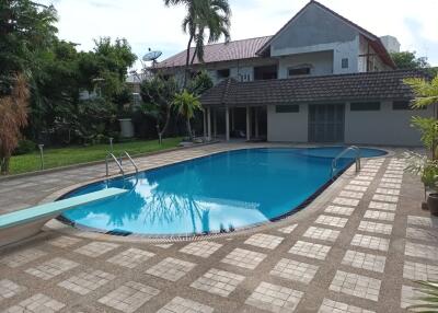 Swimming pool in a residential backyard