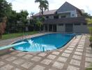 Swimming pool in a residential backyard