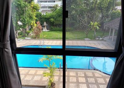 View of a swimming pool from a window with surrounding greenery