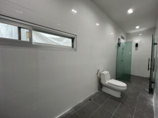 Modern bathroom with glass-enclosed shower