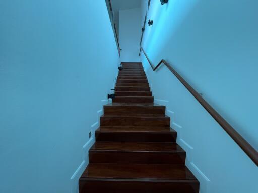 Staircase with wooden steps and white walls