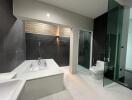 Modern bathroom with bathtub, shower, and toilet