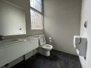 Modern bathroom with a toilet, sink, and large window