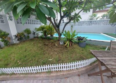 well-maintained garden with a small tree, plants, and a swimming pool