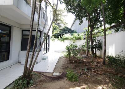 Outdoor garden with trees and adjacent building