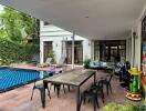 Outdoor patio with dining table near swimming pool