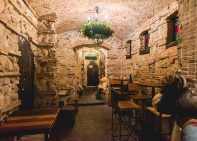 Rustic stone-walled room with arched ceiling