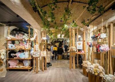 A rustic-themed shop showcasing stuffed animals and plush toys