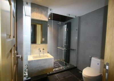 Modern bathroom with glass shower enclosure and stylish sink