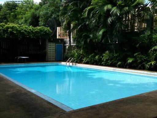 Swimming pool area with surrounding greenery