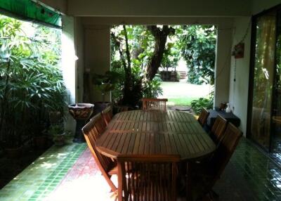 Outdoor dining area with wooden table and chairs surrounded by greenery