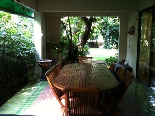 Outdoor dining area with wooden table and chairs surrounded by greenery