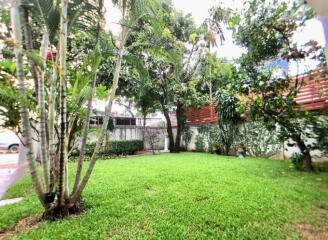 Spacious garden area with lush greenery and trees