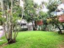 Spacious garden area with lush greenery and trees